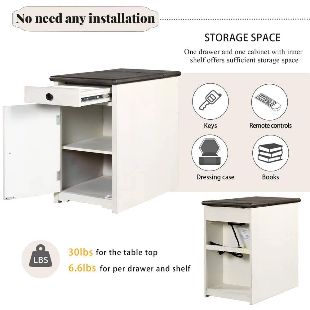 1-Drawer Antique Gray Classic Vintage Nightstand with USB Ports and cup holders by SUNRINX 6 1-Drawer Antique Gray Classic Vintage Nightstand with USB Ports and cup holders by SUNRINX - Image 6