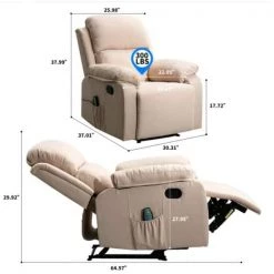Beige Home Overstuffed Pillow and Armrest Recliner Chair Sofa with 6-Point Remote Control Massage by Edendirect -Furniture Store beige edendirect recliners zgz0ra211224002 44 1000
