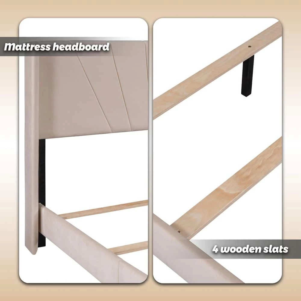 Beige Bed Frame Queen Velvet Platform Bed, Box Spring Needed by SUNRINX 6 Beige Bed Frame Queen Velvet Platform Bed, Box Spring Needed by SUNRINX - Image 6