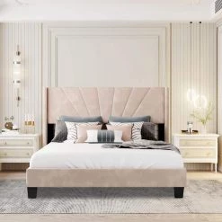 Beige Bed Frame Queen Velvet Platform Bed, Box Spring Needed by SUNRINX 12 Beige Bed Frame Queen Velvet Platform Bed, Box Spring Needed by SUNRINX -Furniture Store beige sunrinx platform beds mg4 35we 4f 1000