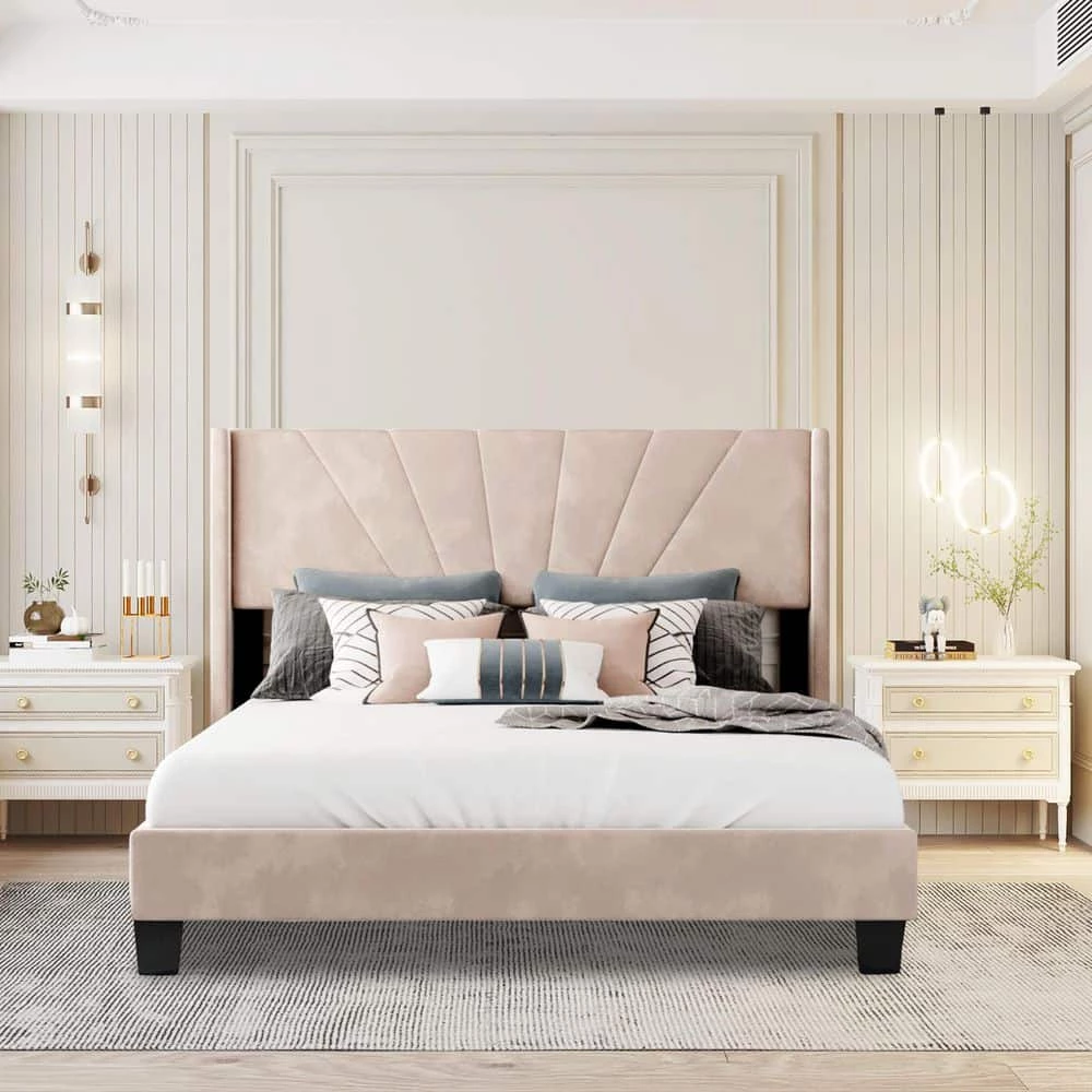 Beige Bed Frame Queen Velvet Platform Bed, Box Spring Needed by SUNRINX 4 Beige Bed Frame Queen Velvet Platform Bed, Box Spring Needed by SUNRINX - Image 4