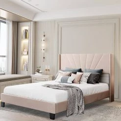 Beige Bed Frame Queen Velvet Platform Bed, Box Spring Needed by SUNRINX 11 Beige Bed Frame Queen Velvet Platform Bed, Box Spring Needed by SUNRINX -Furniture Store beige sunrinx platform beds mg4 35we c3 1000