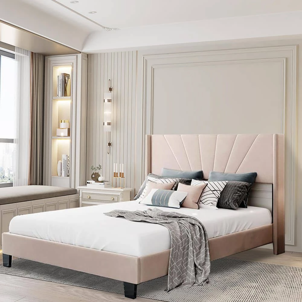 Beige Bed Frame Queen Velvet Platform Bed, Box Spring Needed by SUNRINX 3 Beige Bed Frame Queen Velvet Platform Bed, Box Spring Needed by SUNRINX - Image 3