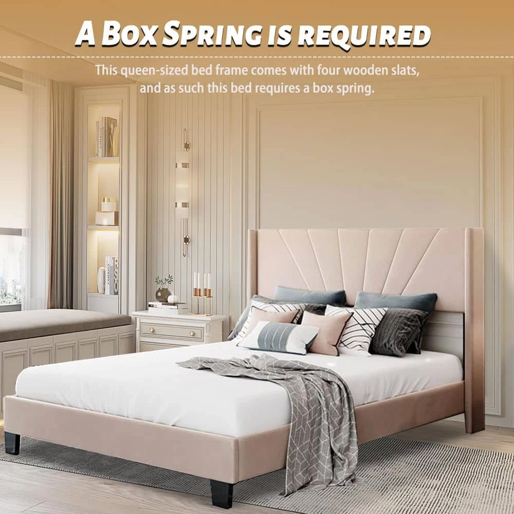 Beige Bed Frame Queen Velvet Platform Bed, Box Spring Needed by SUNRINX 7 Beige Bed Frame Queen Velvet Platform Bed, Box Spring Needed by SUNRINX - Image 7