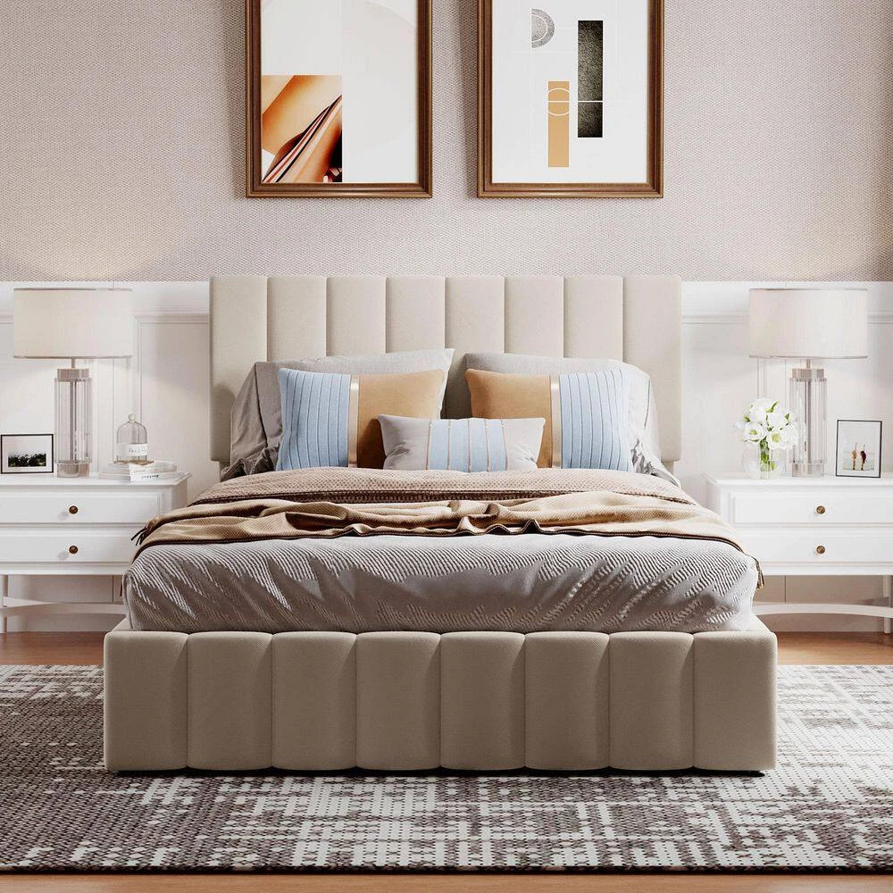 Beige Frame Full Platform Bed Upholstered with a Hydraulic Storage System by SUNRINX 3 Beige Frame Full Platform Bed Upholstered with a Hydraulic Storage System by SUNRINX - Image 3