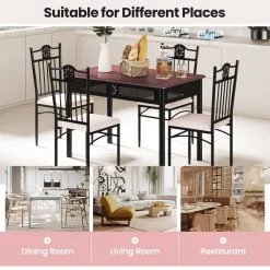 5 Pcs Dining Set Wood Metal Table and 4 Chairs with Cushions-Beige by SUNRINX 12 5 Pcs Dining Set Wood Metal Table and 4 Chairs with Cushions-Beige by SUNRINX -Furniture Store black beige sunrinx dining room sets mg5693we 66 1000