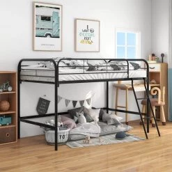 Black Full Metal Loft Bed with Ladder Space-Saving Design by Edendirect