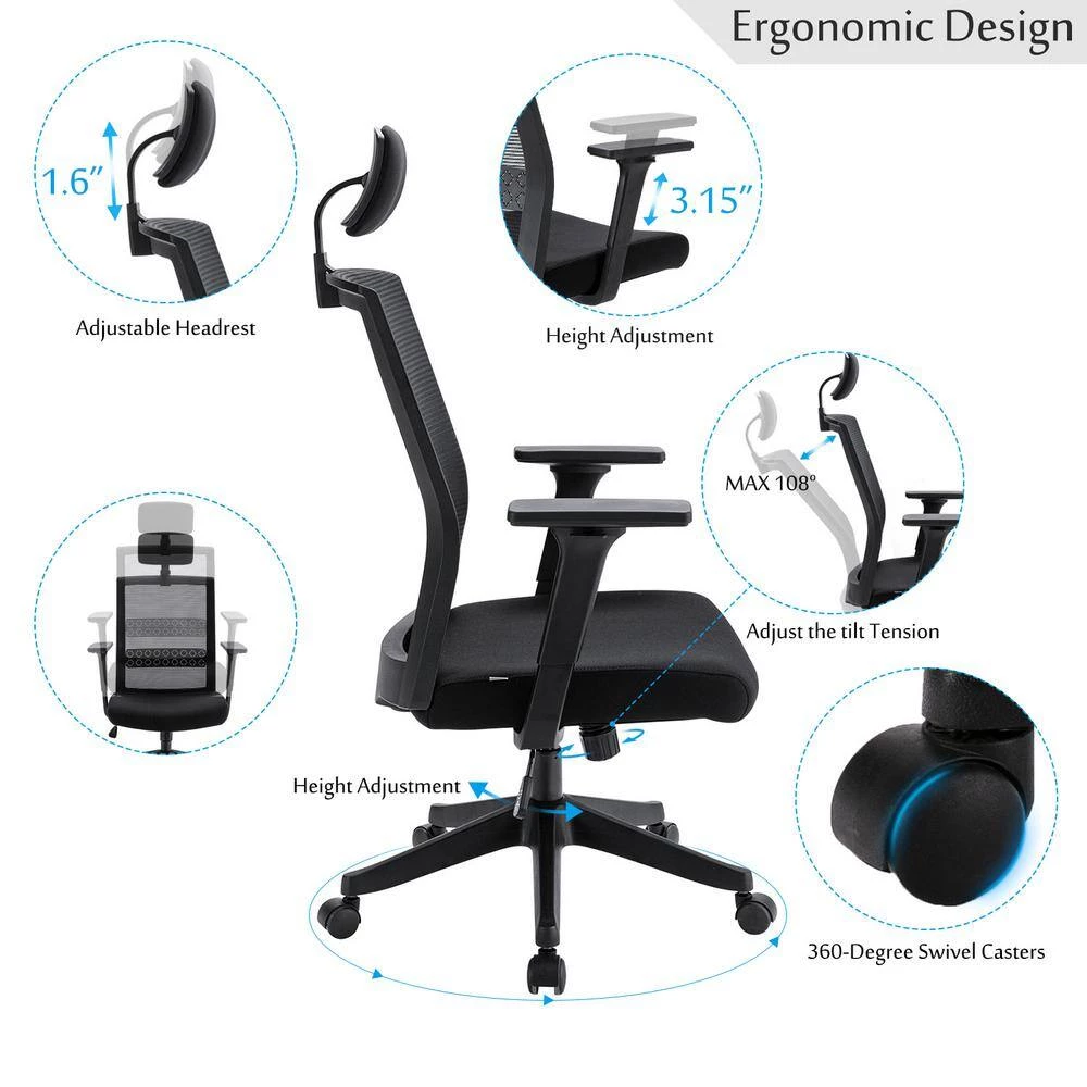 Ergonomics Office Black Chair Mesh Computer Desk Chair, Adjustable Headrests Chair Backrest and Armrest's Mesh Chair by Edendirect 3 Ergonomics Office Black Chair Mesh Computer Desk Chair, Adjustable Headrests Chair Backrest and Armrest's Mesh Chair by Edendirect - Image 3
