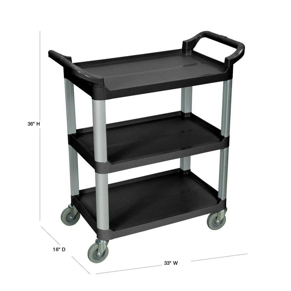 33 in. x 16 in. 3-Shelf Serving Cart in Black Shelves with Silver Legs by Luxor 2 33 in. x 16 in. 3-Shelf Serving Cart in Black Shelves with Silver Legs by Luxor - Image 2