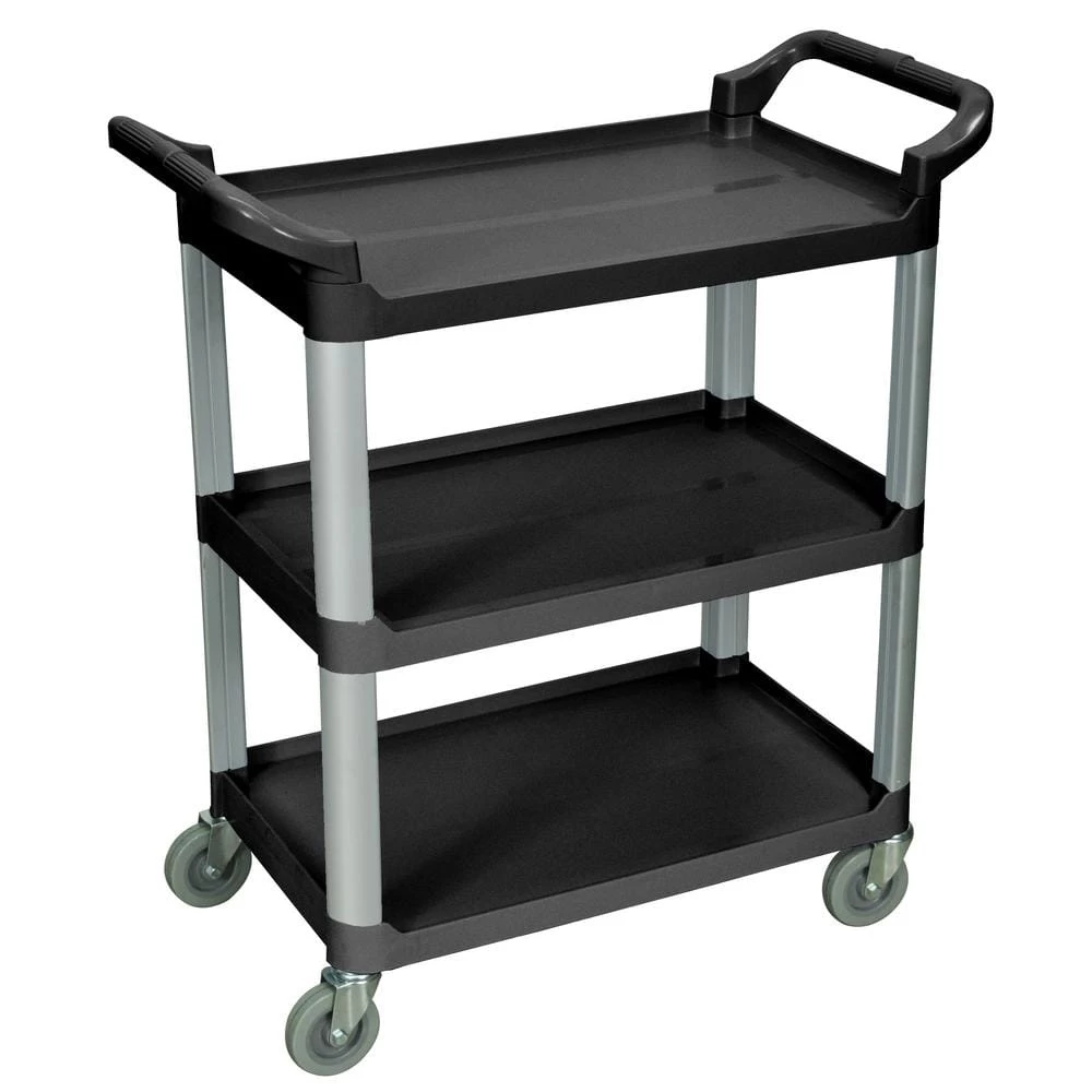 33 in. x 16 in. 3-Shelf Serving Cart in Black Shelves with Silver Legs by Luxor 1 33 in. x 16 in. 3-Shelf Serving Cart in Black Shelves with Silver Legs by Luxor