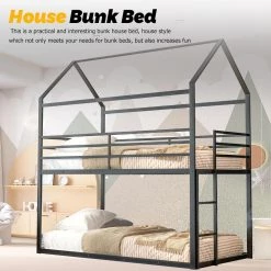 Black Bunk Beds for Kids Twin Over Twin, House Bunk Bed Metal Bed Frame Built-in Ladder by SUNRINX -Furniture Store black sunrinx bunk beds mg4 28we 44 1000