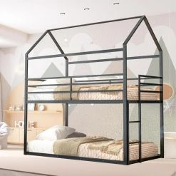 Black Bunk Beds for Kids Twin Over Twin, House Bunk Bed Metal Bed Frame Built-in Ladder by SUNRINX