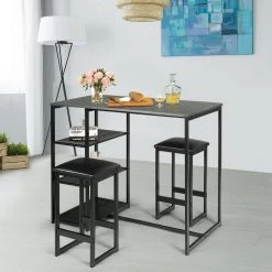 3-Piece Dining Set with Faux Marble Top Table and 2 Stools-Black by SUNRINX -Furniture Store black sunrinx dining room sets mg5672we 31 1000