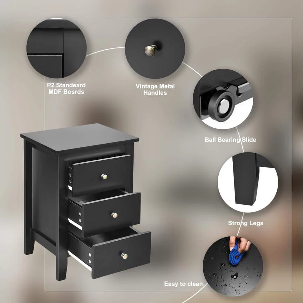 3-Drawer Black Tall Nightstand (2-piece) by SUNRINX 6 3-Drawer Black Tall Nightstand (2-piece) by SUNRINX - Image 6