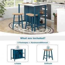 Farmhouse 3-Piece Wood Top Stationary Kitchen Island Set with 2 Seating by SUNRINX -Furniture Store blue sunrinx dining room sets mg2 9we 1d 1000