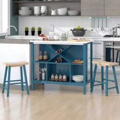 Farmhouse 3-Piece Wood Top Stationary Kitchen Island Set with 2 Seating by SUNRINX -Furniture Store blue sunrinx dining room sets mg2 9we 4f 1000