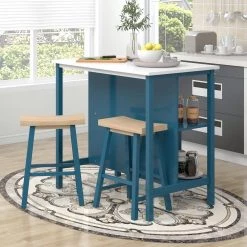 Farmhouse 3-Piece Wood Top Stationary Kitchen Island Set with 2 Seating by SUNRINX -Furniture Store blue sunrinx dining room sets mg2 9we c3 1000