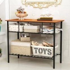 43.3 Width Industrial Rustic Brown Farmhouse Kitchen Island with 2 Metal Shelves by Edendirect -Furniture Store brown black edendirect kitchen islands n717 bc212br 31 1000