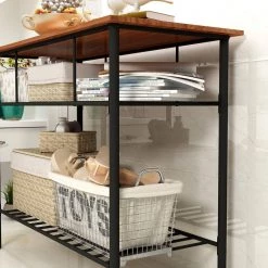 43.3 Width Industrial Rustic Brown Farmhouse Kitchen Island with 2 Metal Shelves by Edendirect -Furniture Store brown black edendirect kitchen islands n717 bc212br 4f 1000