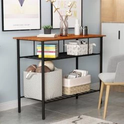 43.3 Width Industrial Rustic Brown Farmhouse Kitchen Island with 2 Metal Shelves by Edendirect -Furniture Store brown black edendirect kitchen islands n717 bc212br 66 1000