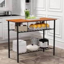 43.3 Width Industrial Rustic Brown Farmhouse Kitchen Island with 2 Metal Shelves by Edendirect -Furniture Store brown black edendirect kitchen islands n717 bc212br 76 1000