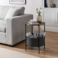 18 in. Modern Accent End Table With Storage Basket.Grey Cloth Bag and Brown Top by SUNRINX 17 18 in. Modern Accent End Table With Storage Basket.Grey Cloth Bag and Brown Top by SUNRINX -Furniture Store brown sunrinx end side tables mg6 46bd 31 1000