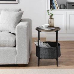 18 in. Modern Accent End Table With Storage Basket.Grey Cloth Bag and Brown Top by SUNRINX 12 18 in. Modern Accent End Table With Storage Basket.Grey Cloth Bag and Brown Top by SUNRINX -Furniture Store brown sunrinx end side tables mg6 46bd 4f 1000