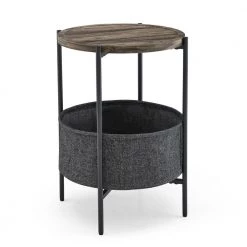 18 in. Modern Accent End Table With Storage Basket.Grey Cloth Bag and Brown Top by SUNRINX