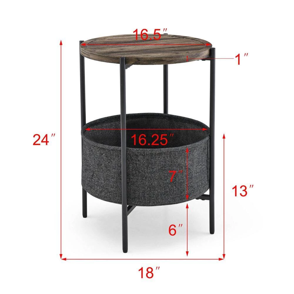 18 in. Modern Accent End Table With Storage Basket.Grey Cloth Bag and Brown Top by SUNRINX 3 18 in. Modern Accent End Table With Storage Basket.Grey Cloth Bag and Brown Top by SUNRINX - Image 3