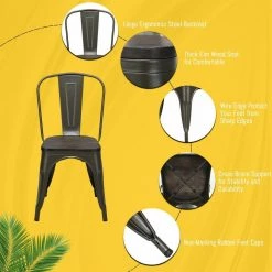 4-Pieces Tolix Style Metal Dining Side Chair Stackable Wood Seat-Black by SUNRINX -Furniture Store dark brown sunrinx dining chairs mg6 16bd fa 1000