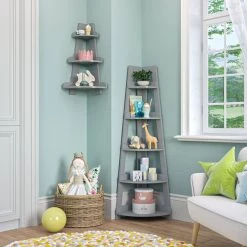54 in. H Gray MDF Corner Ladder Shelf with 5-Shelves by RiverRidge Home -Furniture Store gray riverridge home bookcases bookshelves 02 187 4f 1000