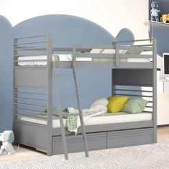 Gray Twin Over Twin Wood Bunk Bed with 2-Drawers by SUNRINX