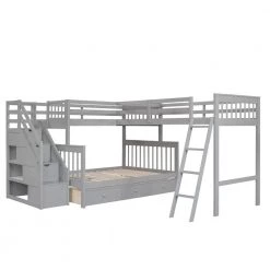 Gray Twin Over Full L-Shaped Bunk Bed with 3-Drawers, Ladder and Staircase by SUNRINX -Furniture Store gray sunrinx bunk beds mg4 22we 4f 1000
