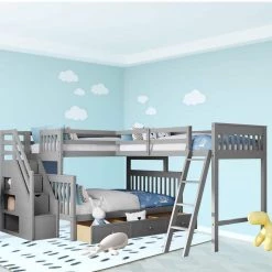 Gray Twin Over Full L-Shaped Bunk Bed with 3-Drawers, Ladder and Staircase by SUNRINX