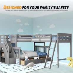 Gray Twin Over Full L-Shaped Bunk Bed with 3-Drawers, Ladder and Staircase by SUNRINX -Furniture Store gray sunrinx bunk beds mg4 22we 66 1000