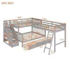 Gray Twin Over Full L-Shaped Bunk Bed with 3-Drawers, Ladder and Staircase by SUNRINX -Furniture Store gray sunrinx bunk beds mg4 22we 76 1000