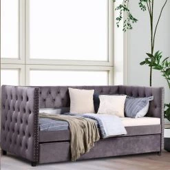 Gray Twin Daybed with Trundle, Upholstered Tufted Sofa Bed with Nailhead Trim by SUNRINX