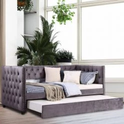 Gray Twin Daybed with Trundle, Upholstered Tufted Sofa Bed with Nailhead Trim by SUNRINX -Furniture Store gray sunrinx daybeds mg4 6we c3 1000