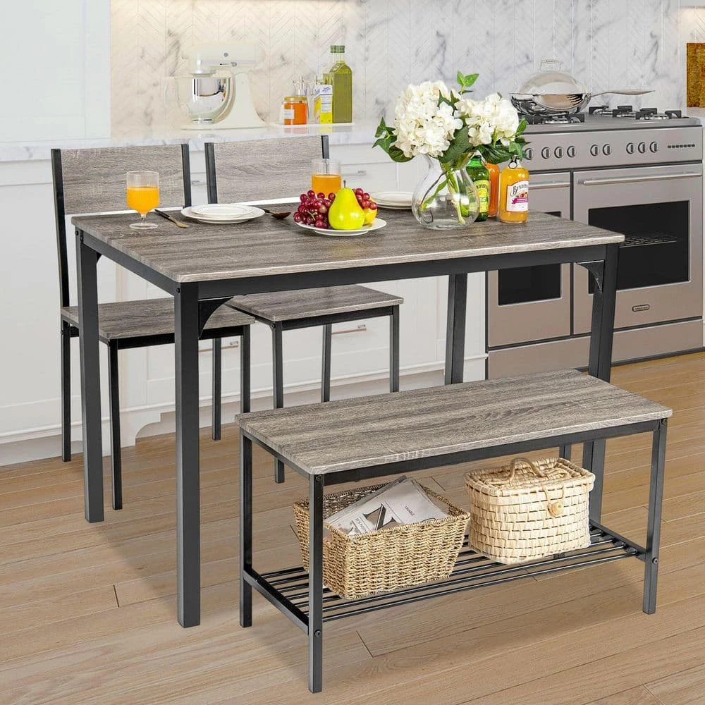 4-Pieces Rustic Dining Table Set with 2 Chairs and Bench-Gray by SUNRINX 10 4-Pieces Rustic Dining Table Set with 2 Chairs and Bench-Gray by SUNRINX - Image 10