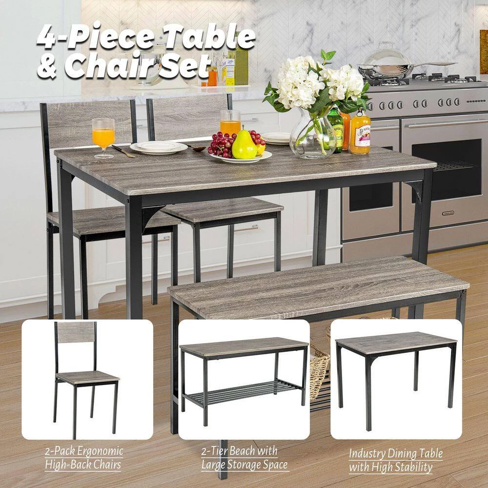 4-Pieces Rustic Dining Table Set with 2 Chairs and Bench-Gray by SUNRINX 7 4-Pieces Rustic Dining Table Set with 2 Chairs and Bench-Gray by SUNRINX - Image 7