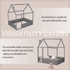 Gray Full Size Wood Bed House Bed Frame with Fence by SUNRINX -Furniture Store gray sunrinx kids beds mg4 38we 1f 1000