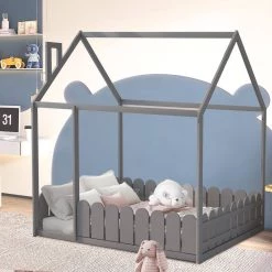 Gray Full Size Wood Bed House Bed Frame with Fence by SUNRINX -Furniture Store gray sunrinx kids beds mg4 38we 44 1000