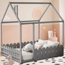 Gray Full Size Wood Bed House Bed Frame with Fence by SUNRINX