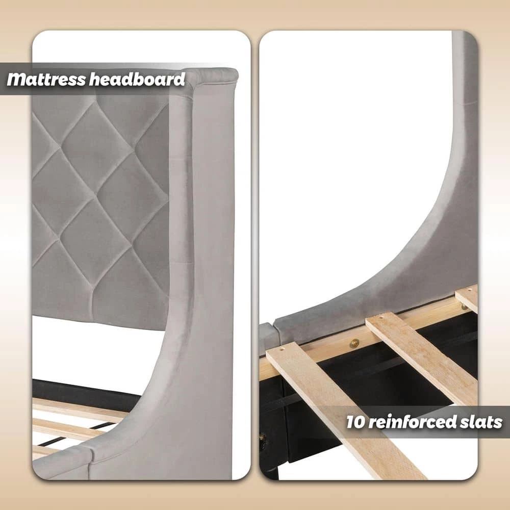 Gray Bed Frame Queen Velvet Upholstered Platform Bed with Storage by SUNRINX 6 Gray Bed Frame Queen Velvet Upholstered Platform Bed with Storage by SUNRINX - Image 6