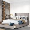 Gray Bed Frame Queen Velvet Upholstered Platform Bed with Storage by SUNRINX