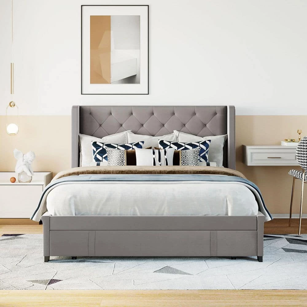 Gray Bed Frame Queen Velvet Upholstered Platform Bed with Storage by SUNRINX 3 Gray Bed Frame Queen Velvet Upholstered Platform Bed with Storage by SUNRINX - Image 3