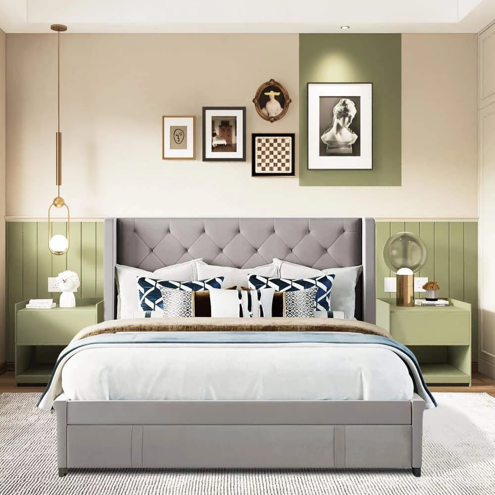 Gray Bed Frame Queen Velvet Upholstered Platform Bed with Storage by SUNRINX 2 Gray Bed Frame Queen Velvet Upholstered Platform Bed with Storage by SUNRINX - Image 2