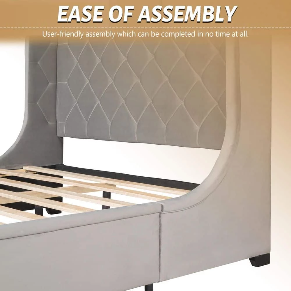 Gray Bed Frame Queen Velvet Upholstered Platform Bed with Storage by SUNRINX 7 Gray Bed Frame Queen Velvet Upholstered Platform Bed with Storage by SUNRINX - Image 7