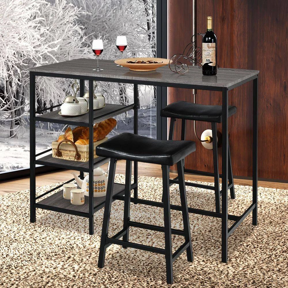 3 Pieces Counter Height Dining Bar Table Set with 2 Stools and 3 Storage Shelves-Black by SUNRINX 10 3 Pieces Counter Height Dining Bar Table Set with 2 Stools and 3 Storage Shelves-Black by SUNRINX - Image 10