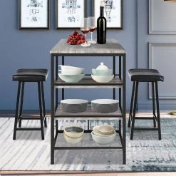 3 Pieces Counter Height Dining Bar Table Set with 2 Stools and 3 Storage Shelves-Black by SUNRINX 13 3 Pieces Counter Height Dining Bar Table Set with 2 Stools and 3 Storage Shelves-Black by SUNRINX -Furniture Store grey black sunrinx dining room sets mg6 35bd 66 1000